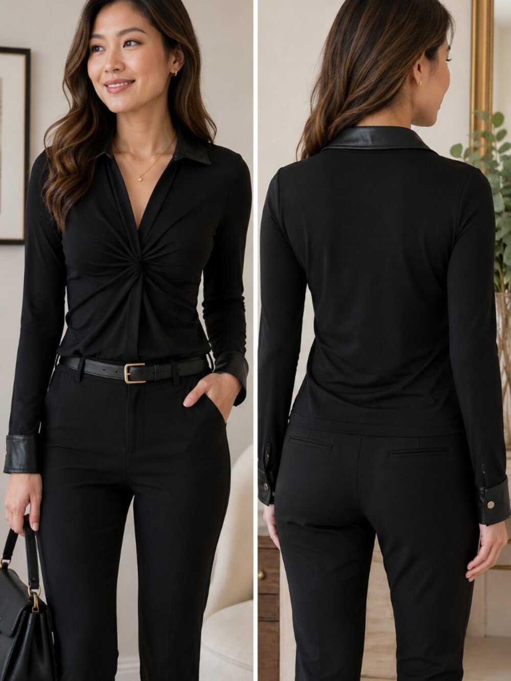 DKNY Black Twist Front Faux Leather Collar & Cuff Long Sleeve Top M (Estiamted)